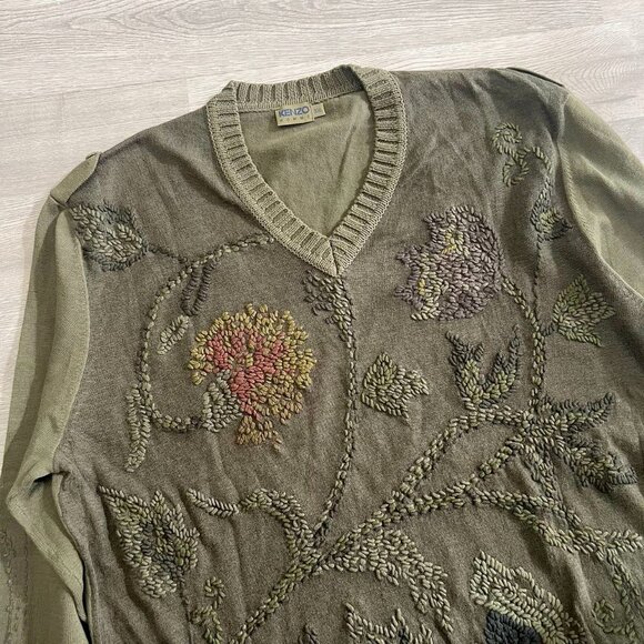 NWOT Kenzo men's Embroidered linen blend sweater Size XXL Green - Picture 4 of 14